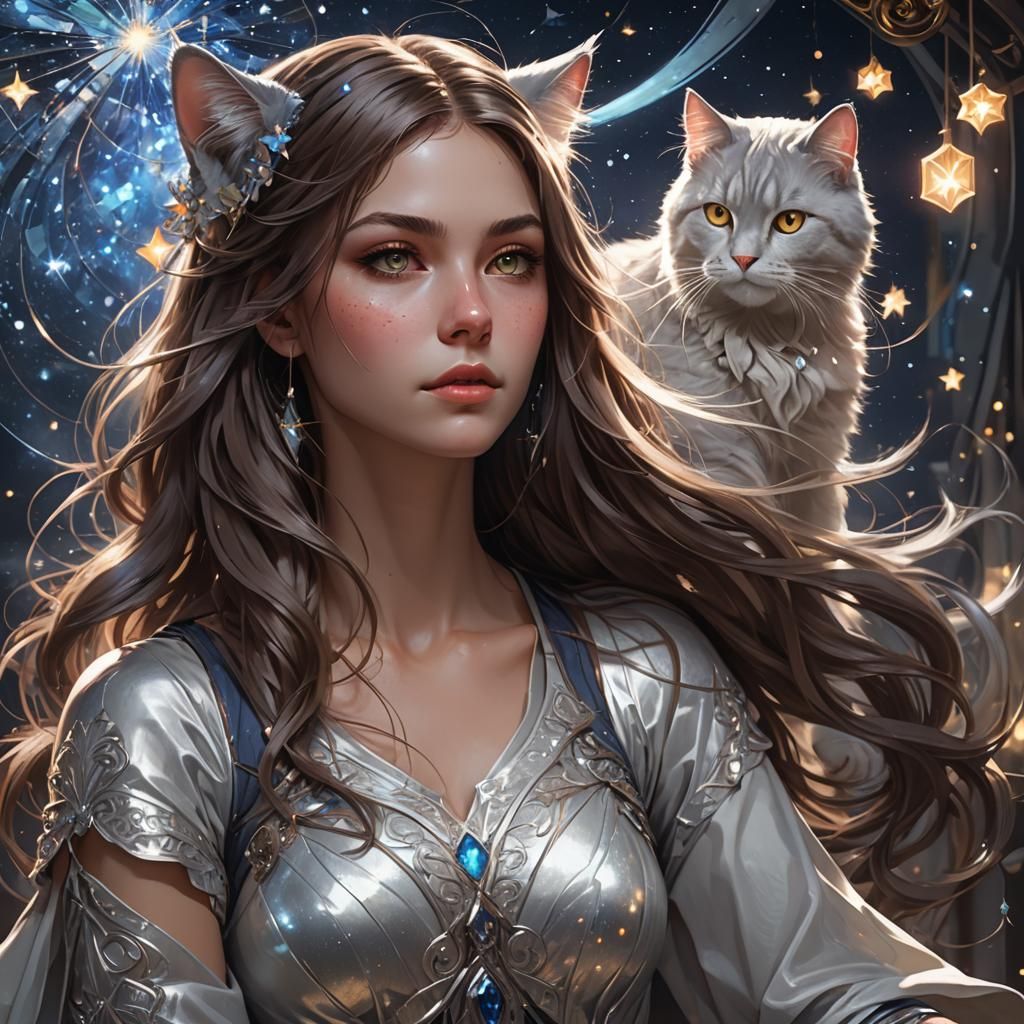 Girl with Silver Cat: Hyperdetailed Portrait