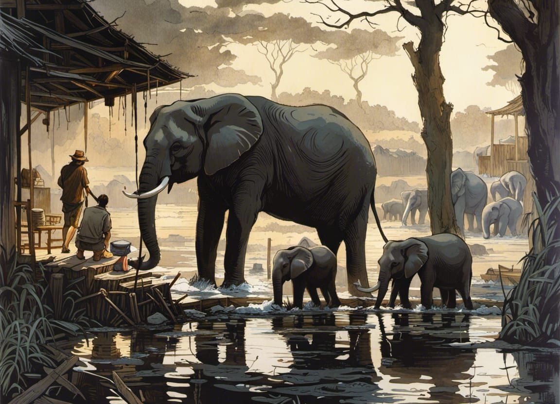 African Savannah Watering Hole with Elephants