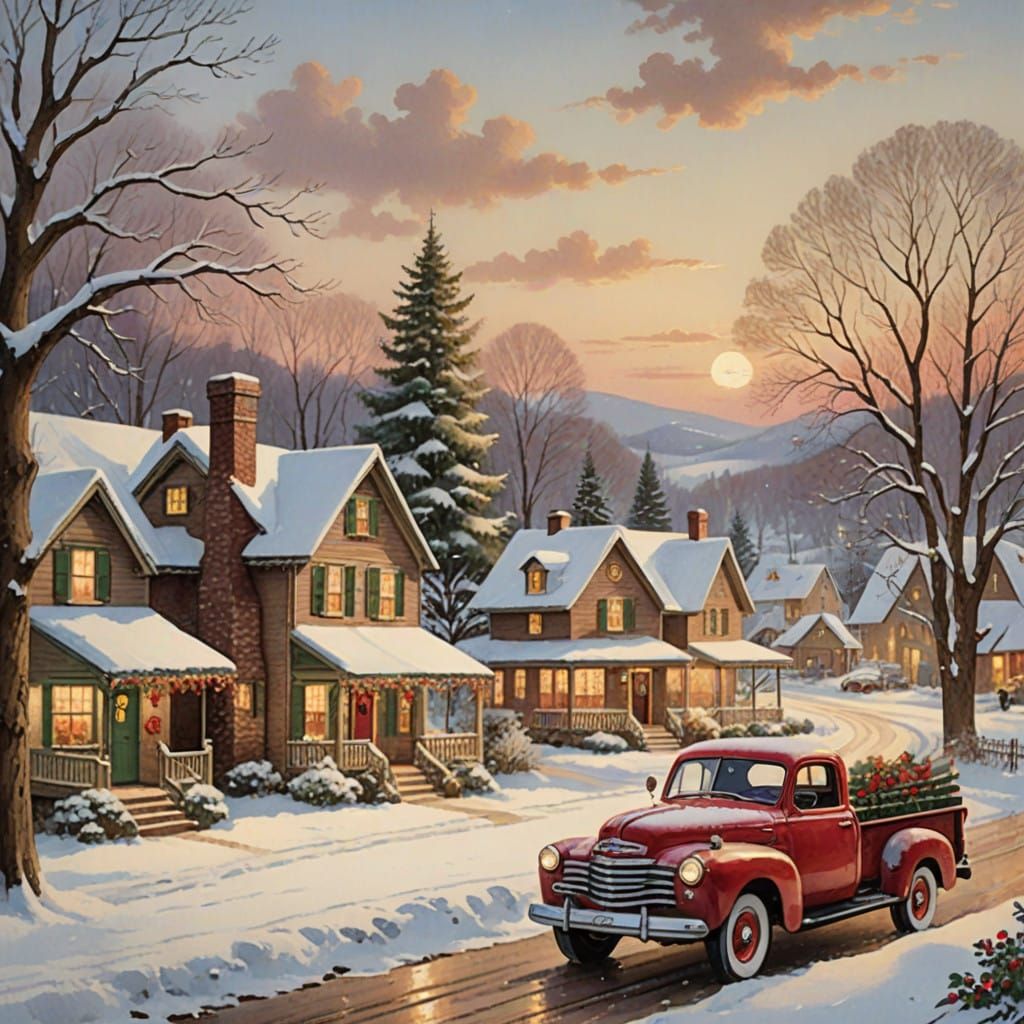 Winter Wonderland Village Scene in Nostalgic Watercolor