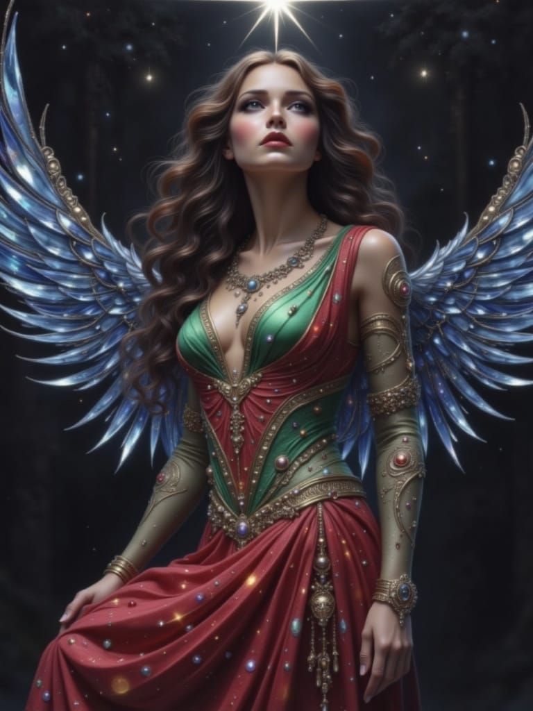 Christmas Angel with Blue Glass Wings in Forest