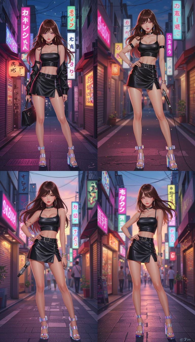 Anime Character Rin Shibuya in Neon Shibuya Alley at Sunset