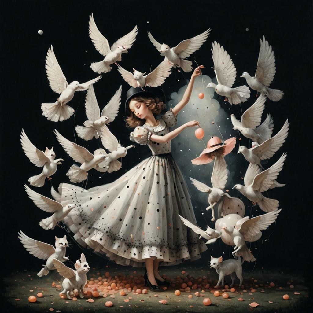 Girl with Balloons in Park, Pop Surrealism Style