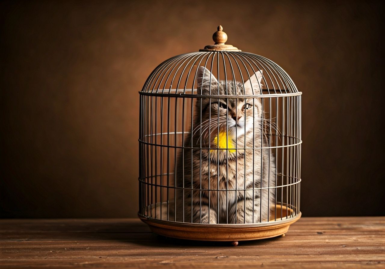 Cat Trapped in Birdcage with Feather