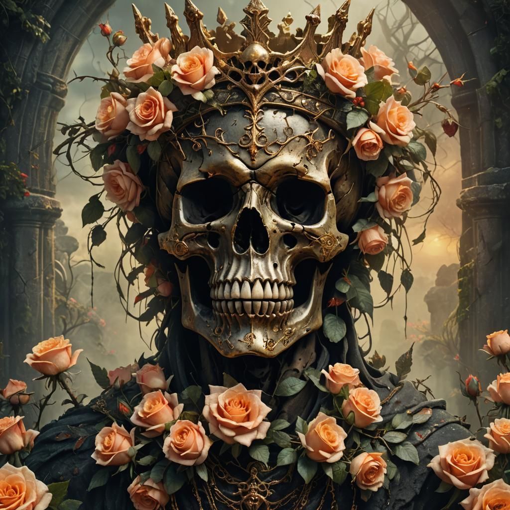 Bloody Skull Crowned with Peach Roses