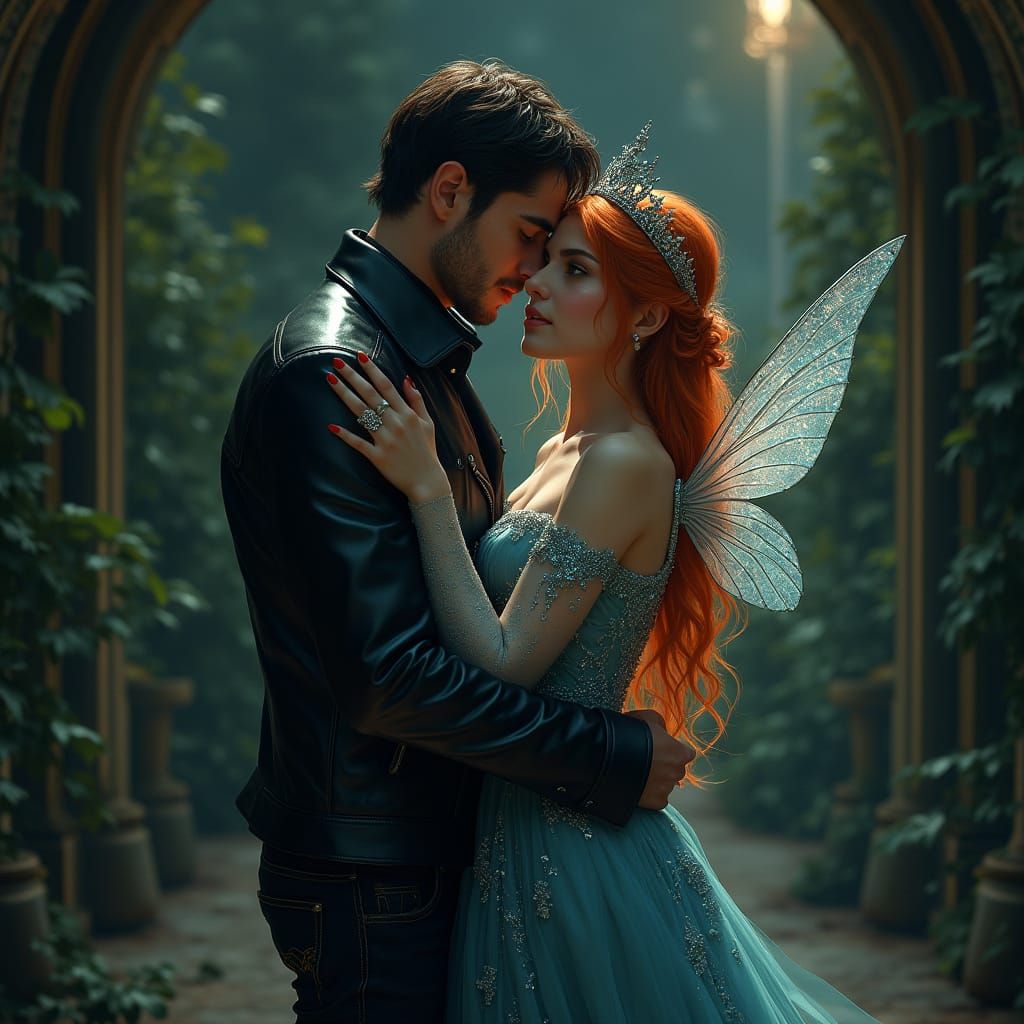 Elegant Vampire Embraces Fae Queen in Dark Green Mansion