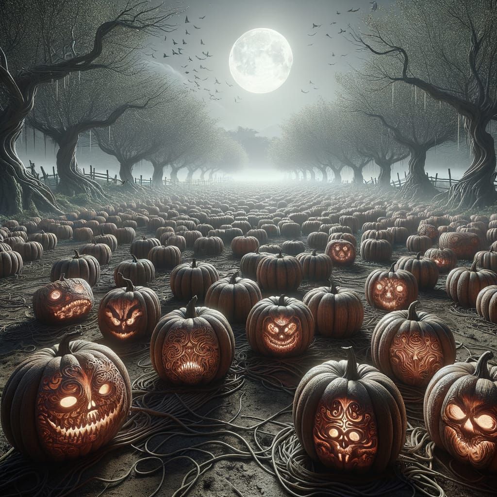 Eerie Pumpkin Patch CGI with Carved Faces