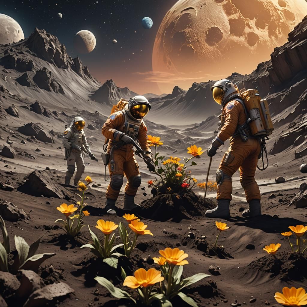 Men Planting Flowers on the Moon: Sci-Fi Concept Art