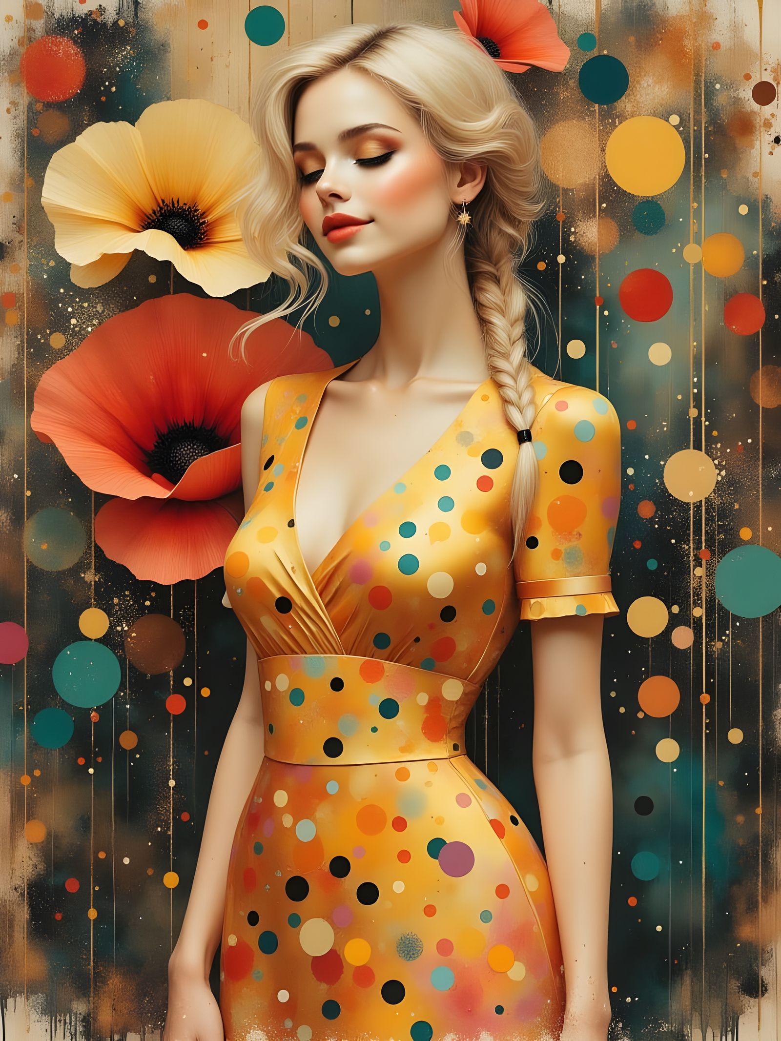Blonde Model in Polka Dot Dress, Hyperrealistic Splash Art