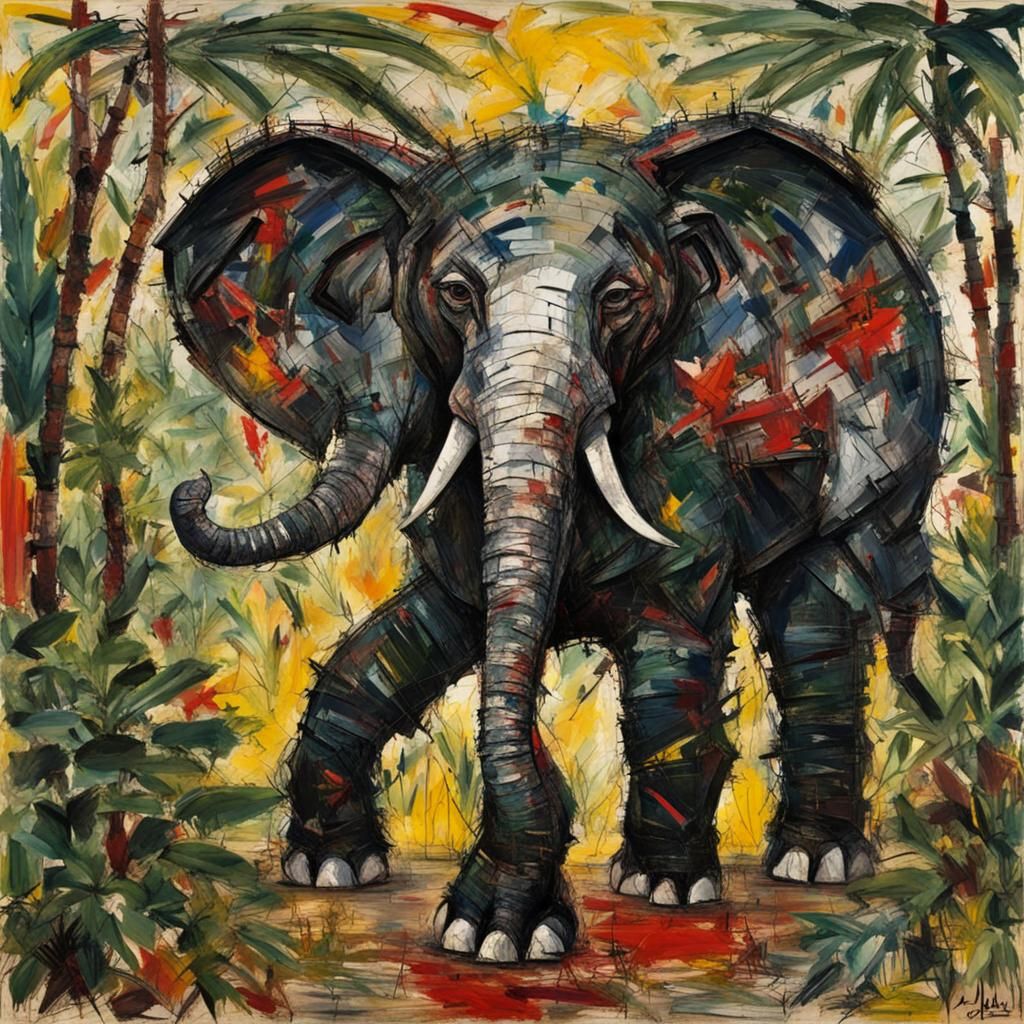 Dancing Elephant in Jungle, Abstract Expressionist Style