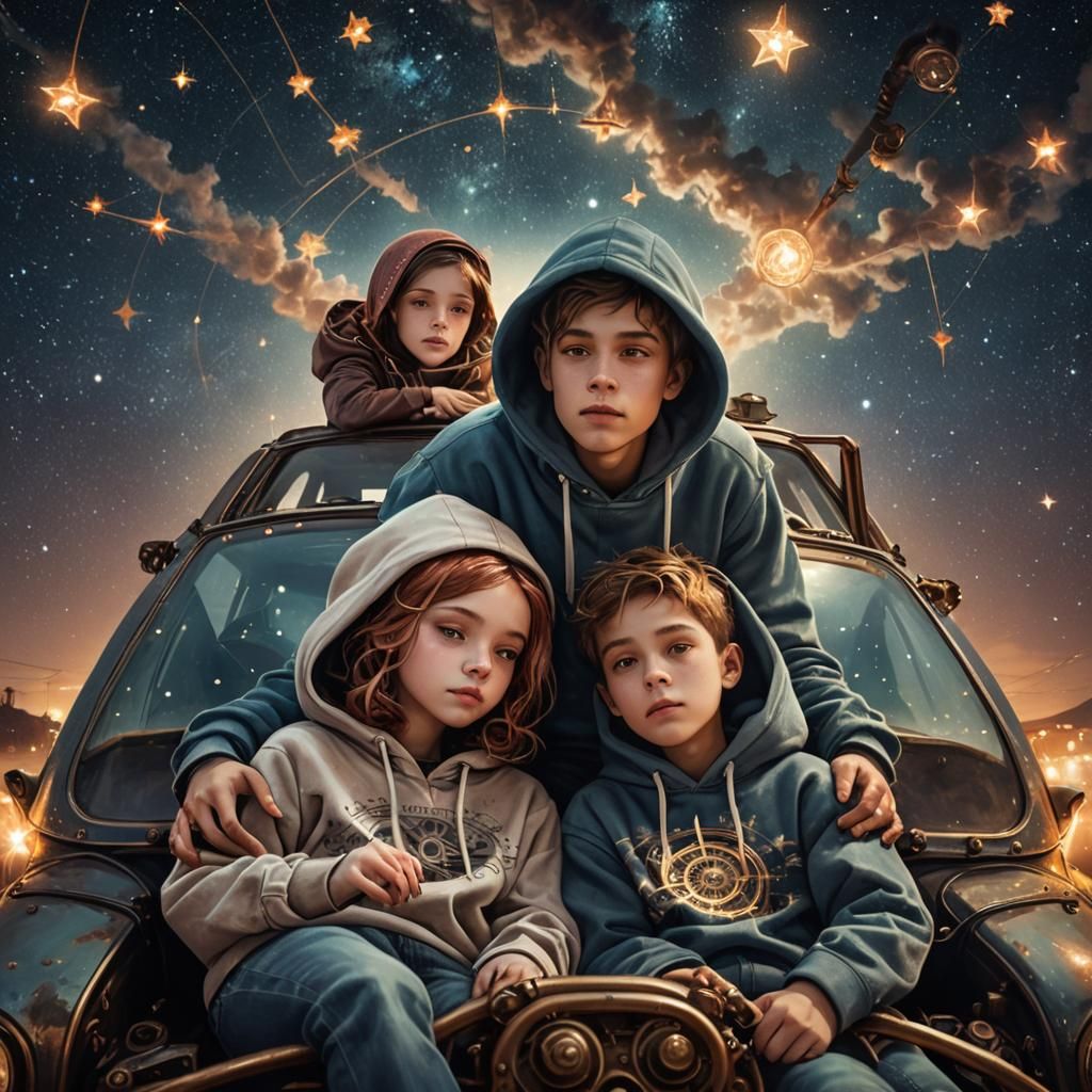 Steampunk Dream: Celestial Canvas Above Vintage Car