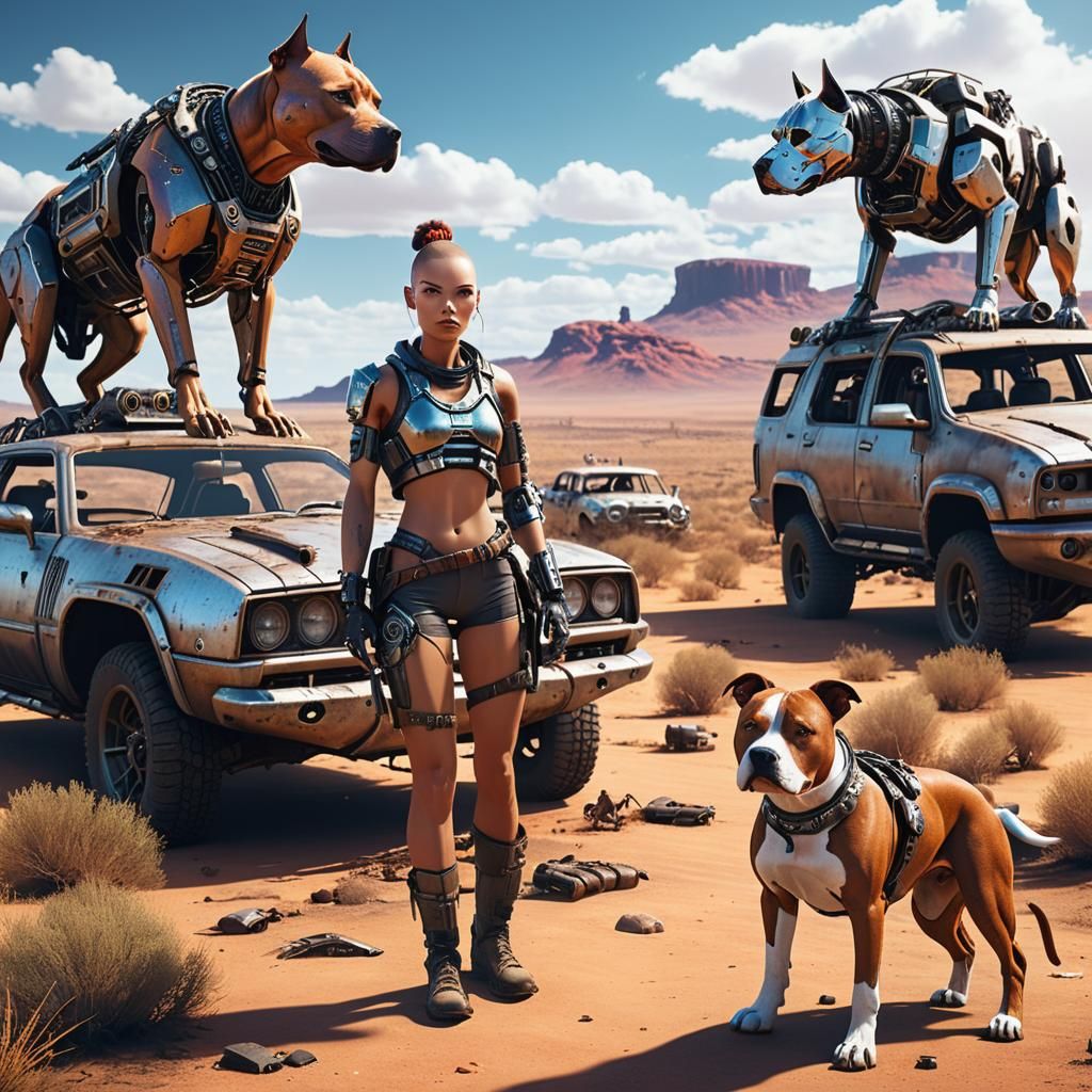 Cyborg Woman Protected by Dog in Post-Apocalyptic Outback