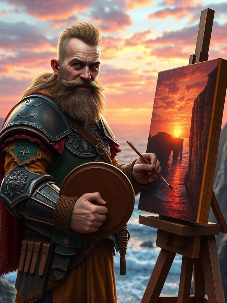 Dwarf Paladin Captures Ocean Sunset as Digital Painting