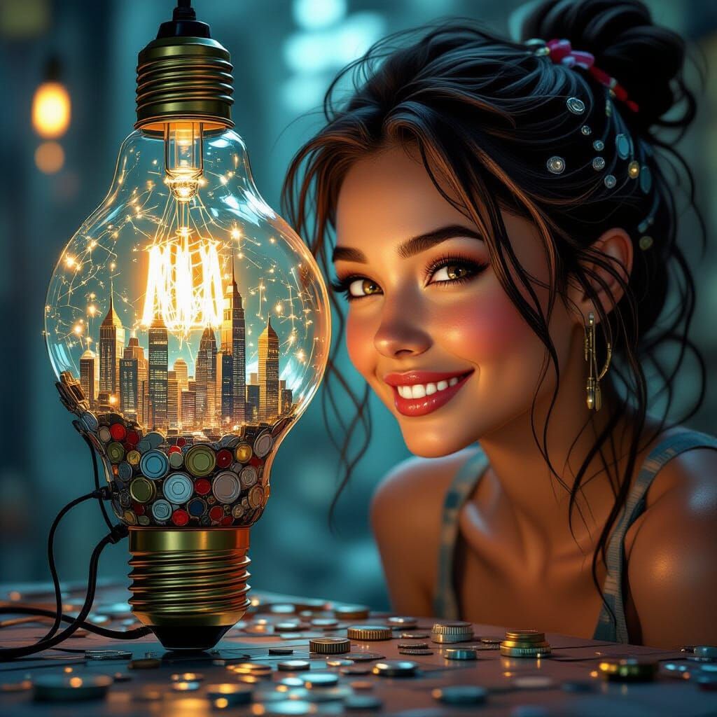 Intricate City in a Lightbulb, Art Nouveau Style