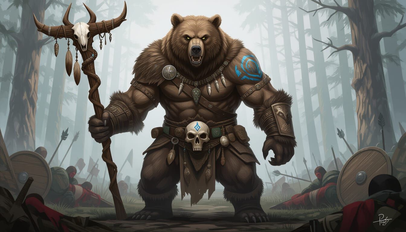 Photorealistic Bear Druid Warrior in Misty Forest