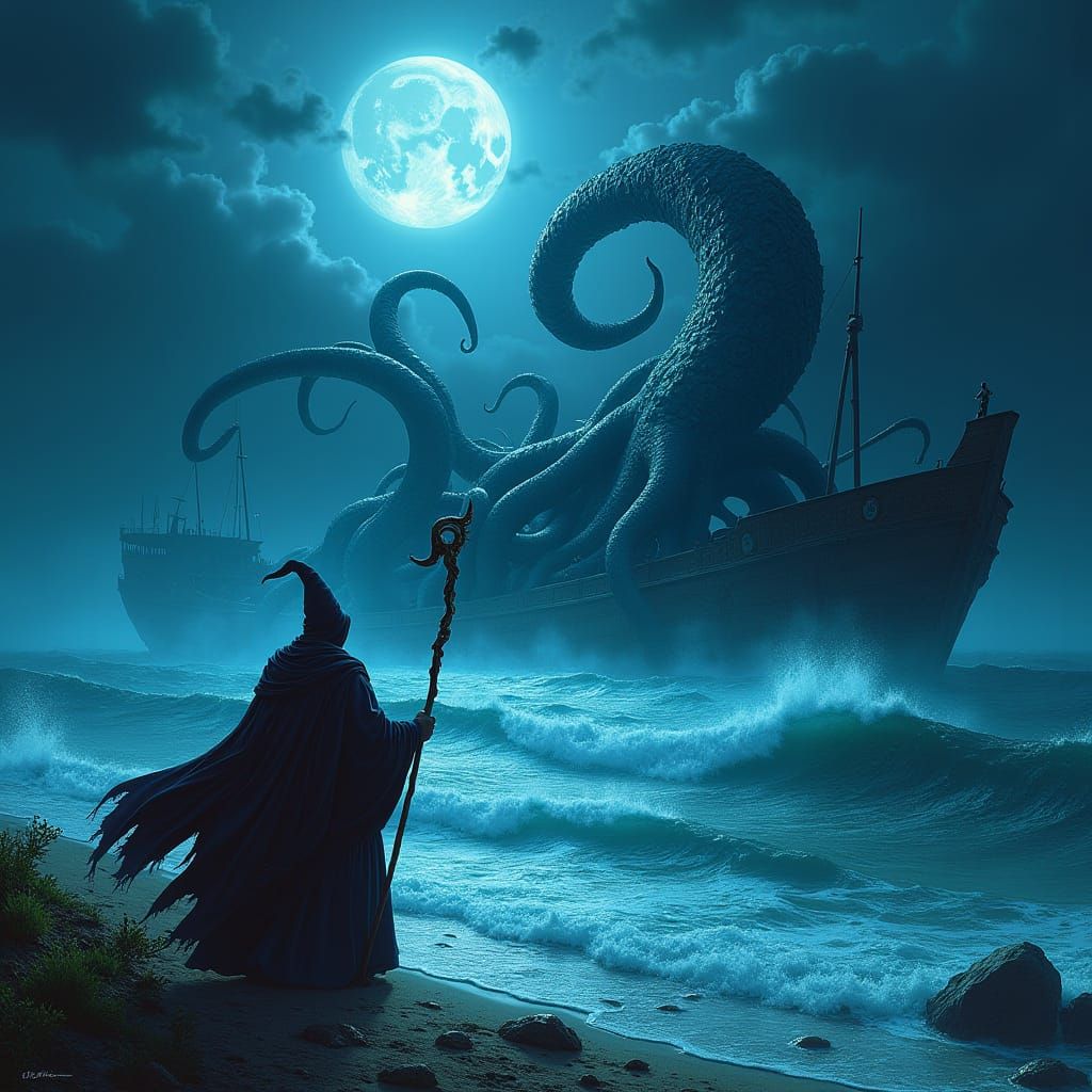 Wizard Summons Kraken in a Fantasy Seascape