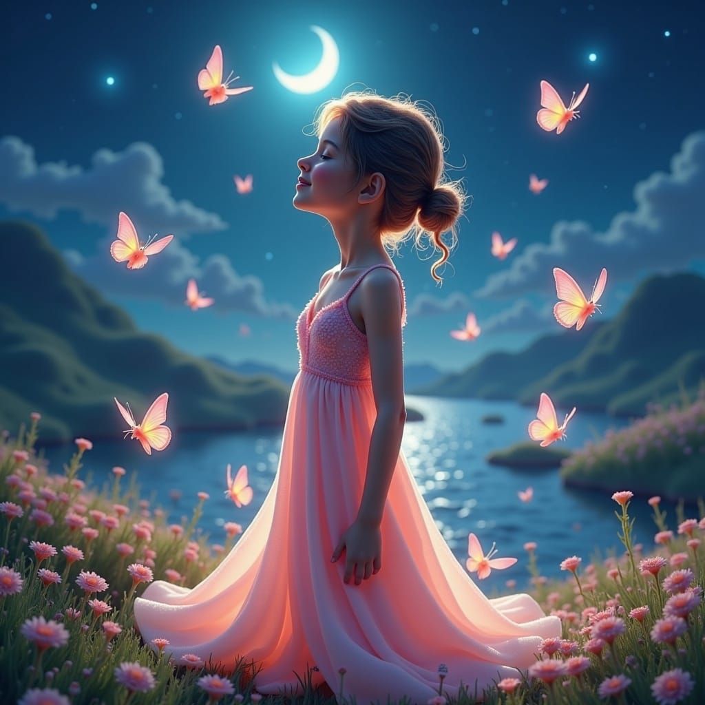 Dreamy Girl with Horses and Butterflies