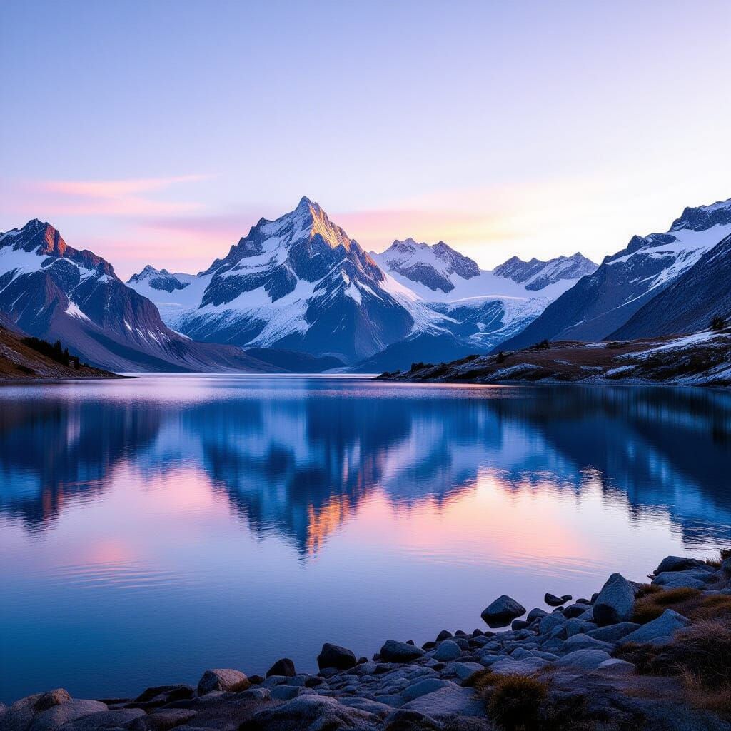 Alpine Lake at Sunset with Snow-Dusted Peaks