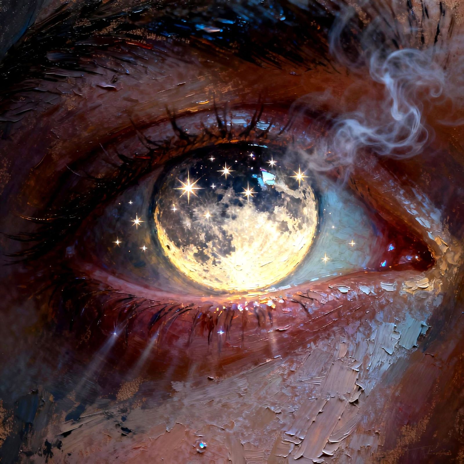 Human Eye Reflects Glowing Full Moon with Stars