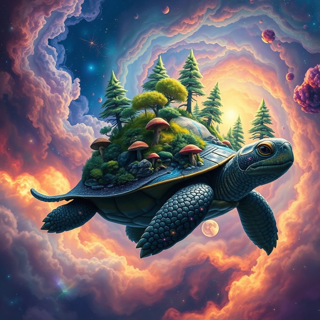 Celestial Turtle Drifting Through Nebula in Psychedelic Styl...