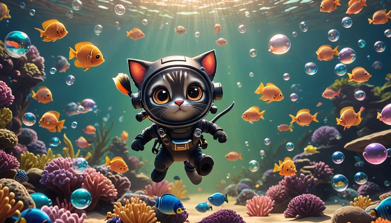 Kitten Diver in Colorful Underwater Scene