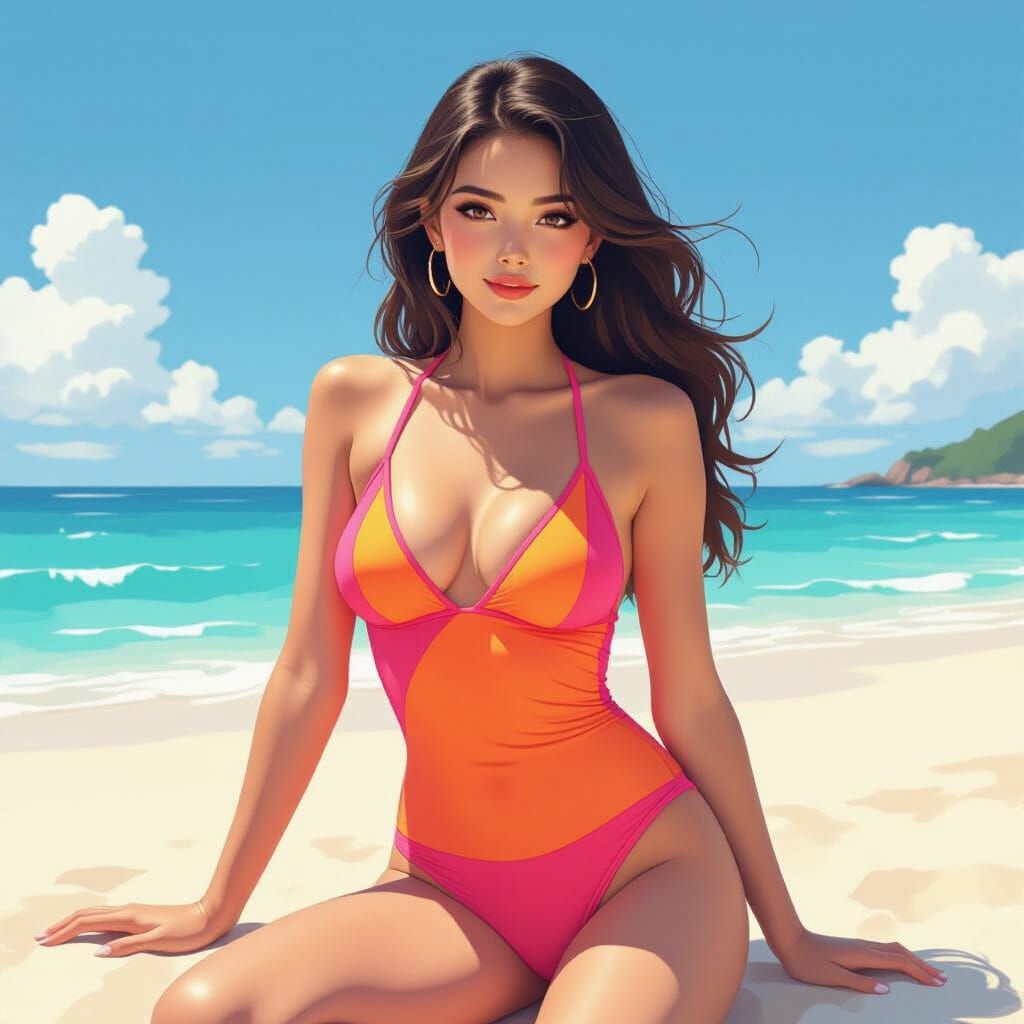 Woman in Pink Swimsuit on Sunny Beach in Surrealist Style