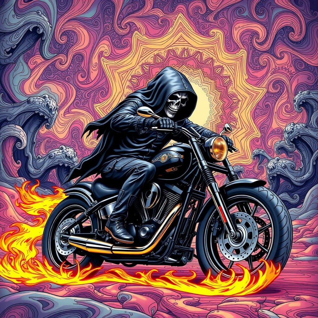 Grim Reaper on a Motorcycle with Blazing Flames
