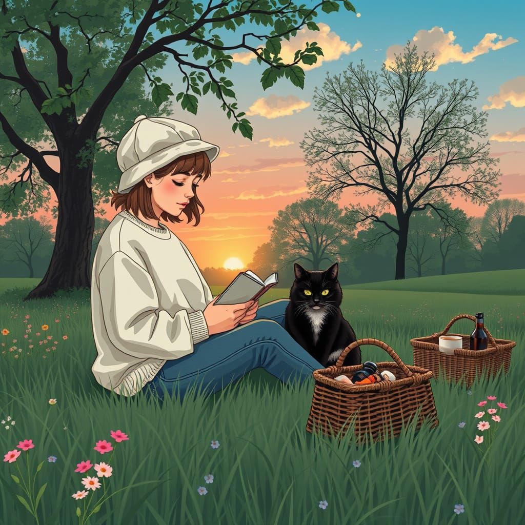 Girl and Cat Enjoying a Peaceful Lofi Afternoon in a Garden