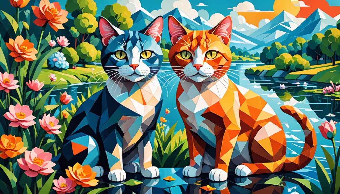 Magic Cat Couple Fishing by Floral River in Cubist Style