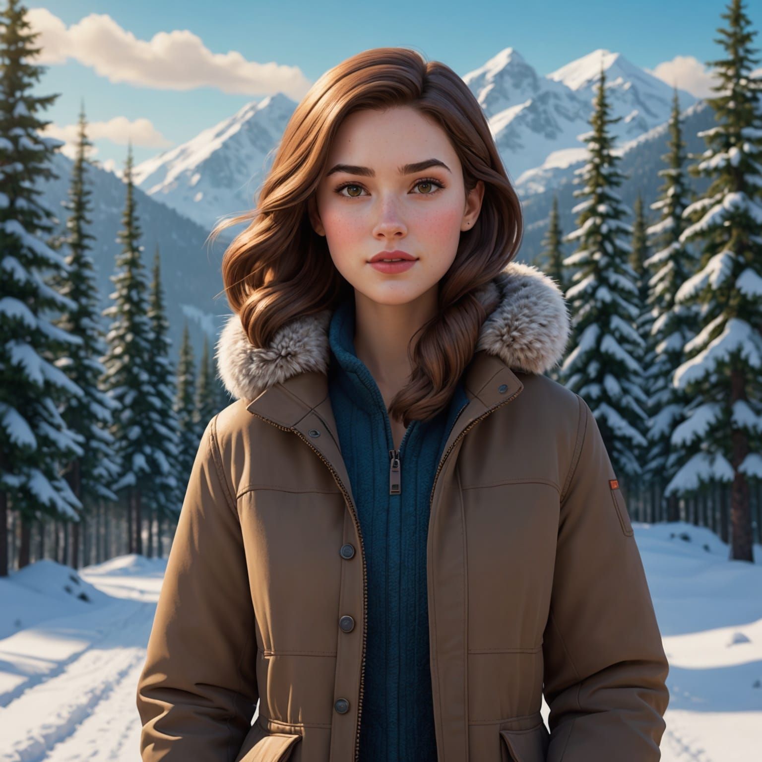 Woman on Snowy Trail: Pixar-Style 3D Digital Art