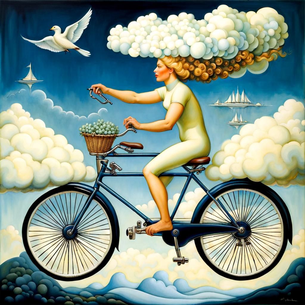 Cloud Bike Rider in Whimsical Fantasy Style