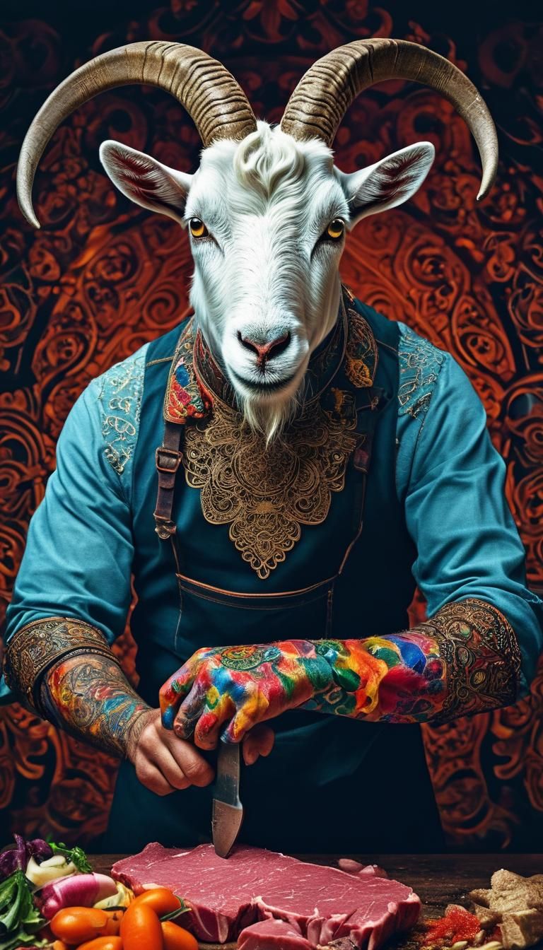 Anthropomorphic Goat Butcher in Maximalist Style