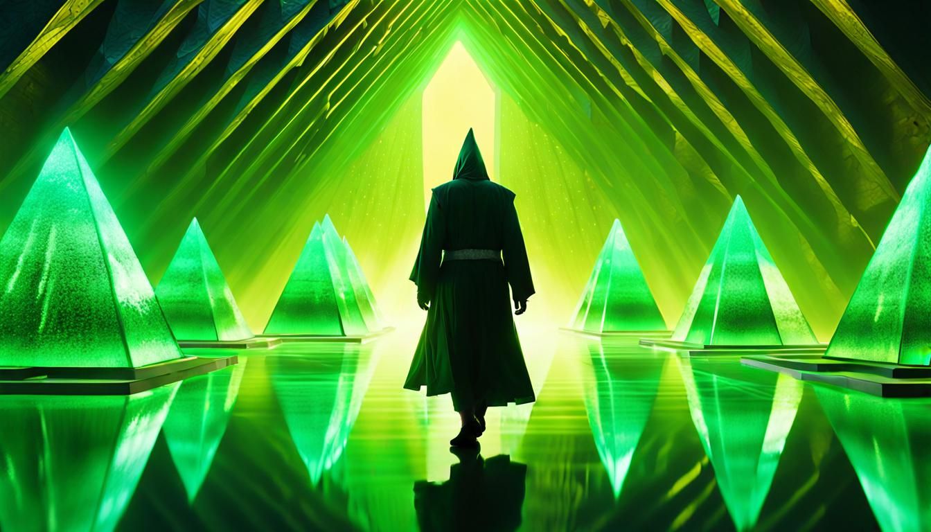 Surreal Emerald Pyramids in Dreamlike Landscape