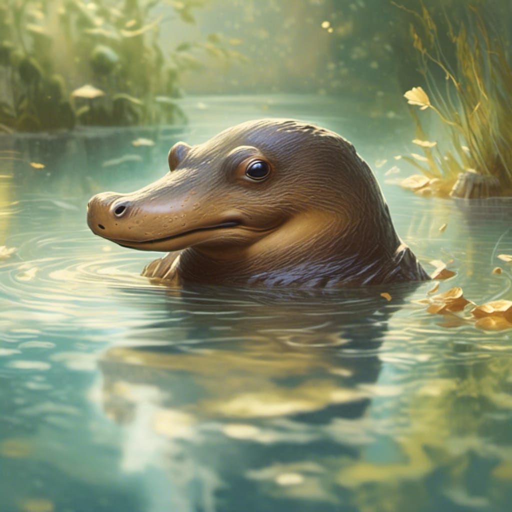 Platypus in Sunlit Forest Pool: Whimsical Realism