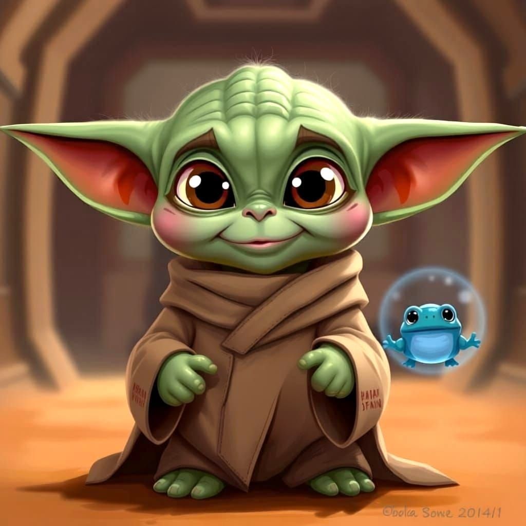 Cute Grogu Caricature in Painterly Digital Art Style