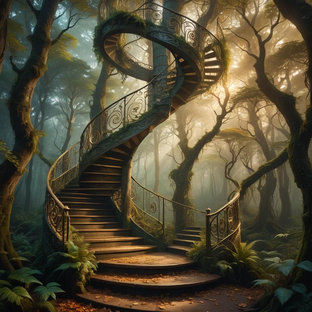 Infinite Spiral Staircase in Mystical Forest: Digital Matte ...