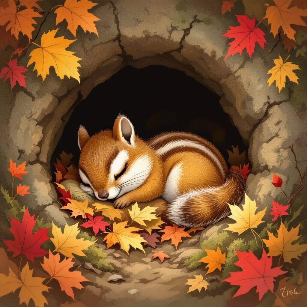 Sleeping Chipmunk in Cozy Autumn Burrow Storybook Style