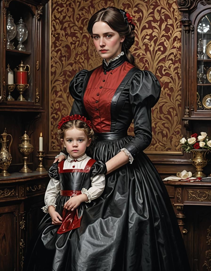 Victorian Mother and Daughter in Shiny Leather Dresses