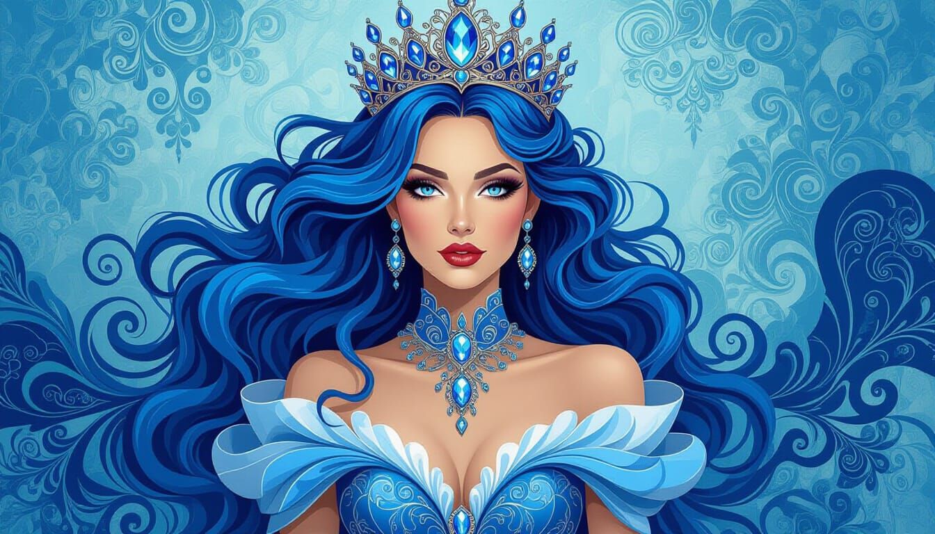 Steampunk Queen in Blue Quartz Crown, Abstract Vector Fracta...