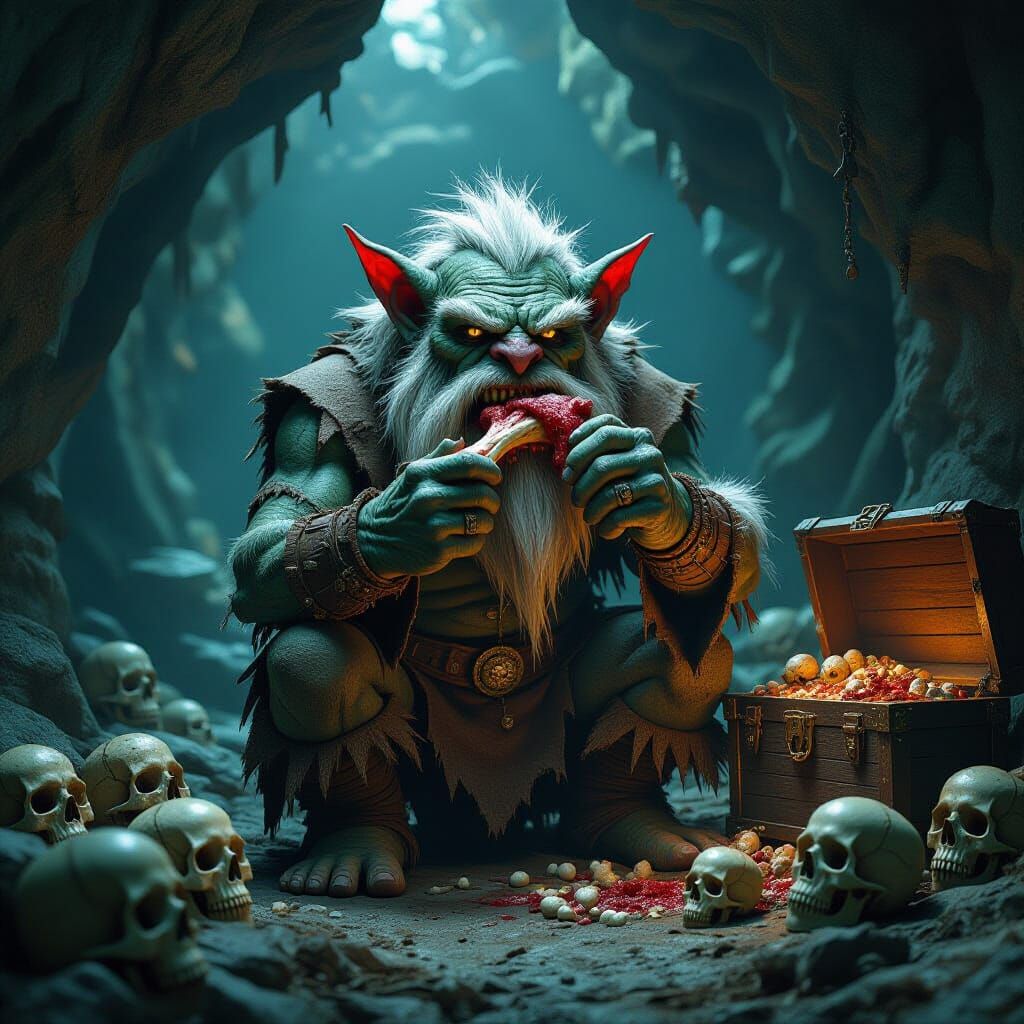 Gnarled Troll with Treasure in Mystical Cave