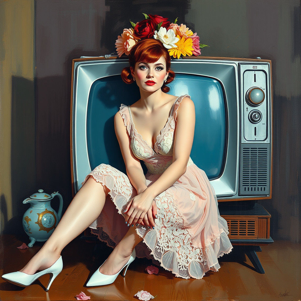 Woman in 1960s Living Room, Abstract Expressionist Style