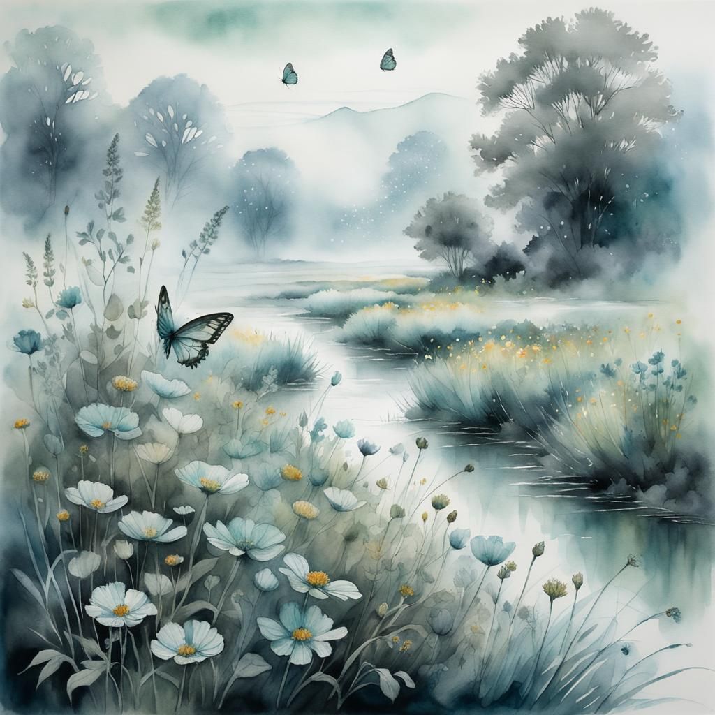 Butterfly Emerging in Watercolor Flower Field