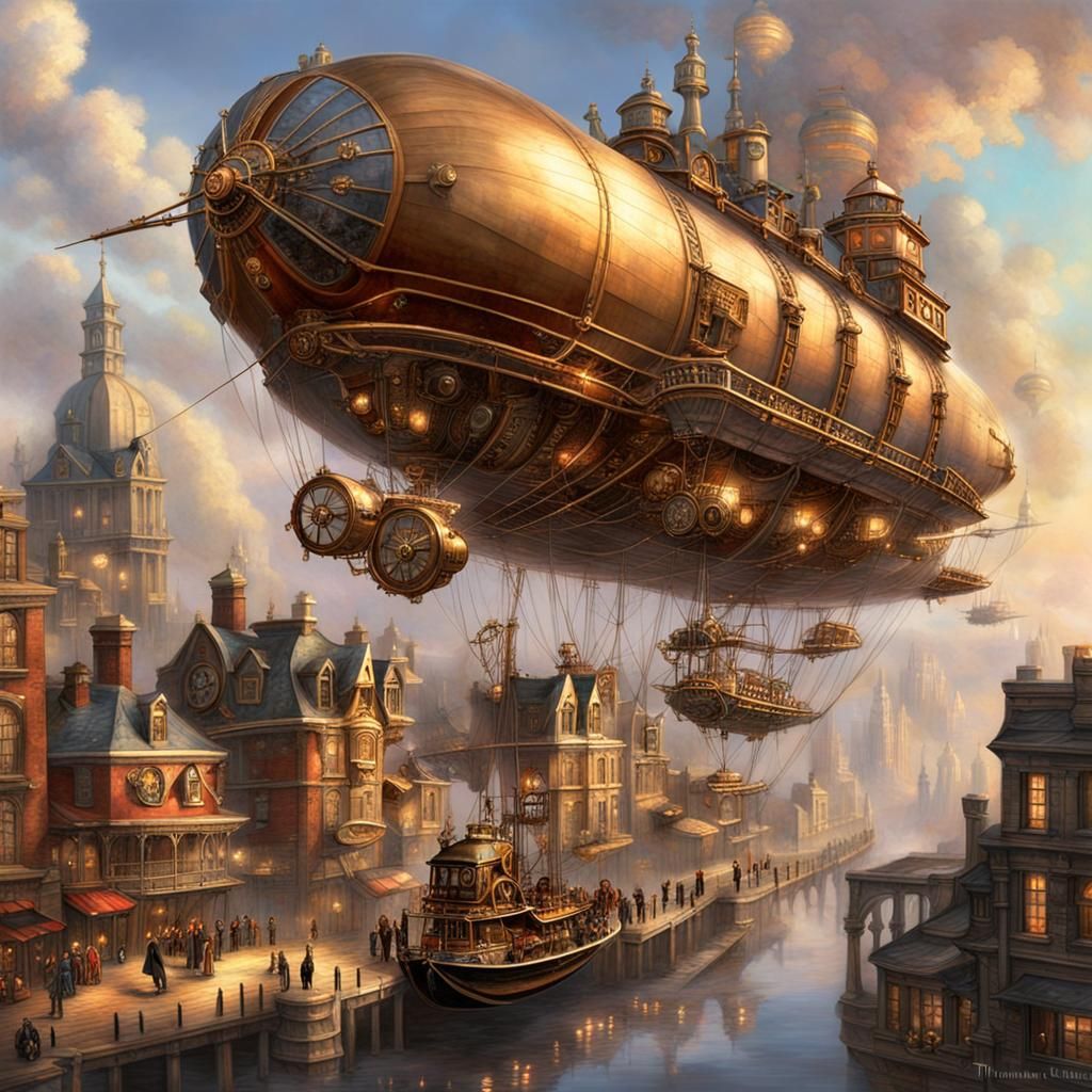 Steampunk Airship Docks in Victorian City