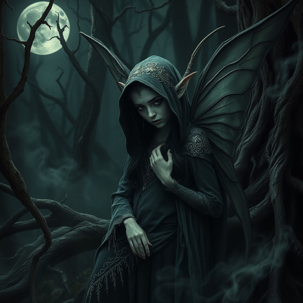 Dark Fairy Elf in Moonlit Forest