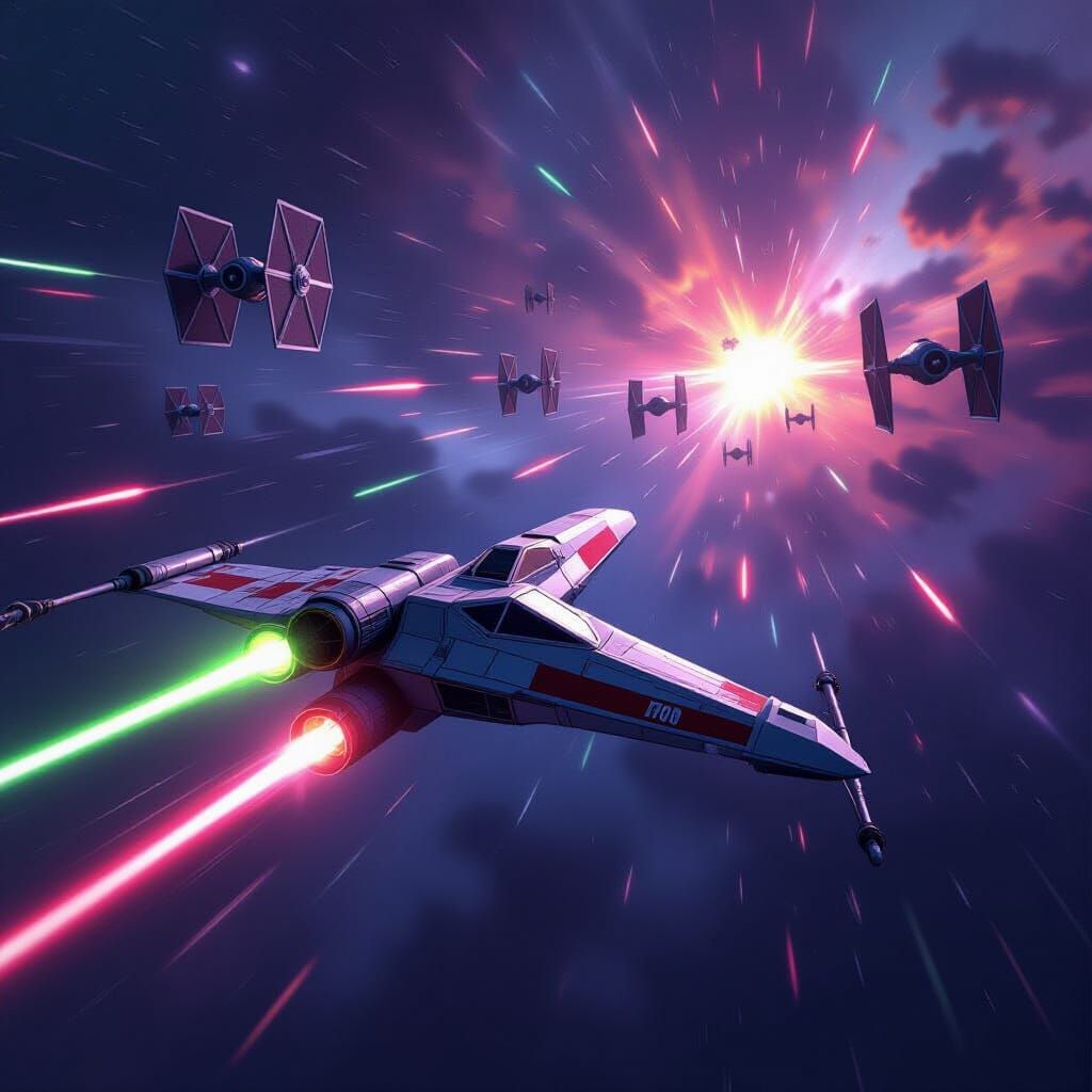 X-Wing Pursued by TIE Fighters in Deep Space