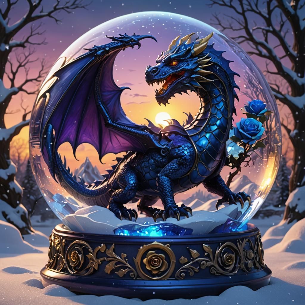 Glass Dragon with Rose in Snow Globe