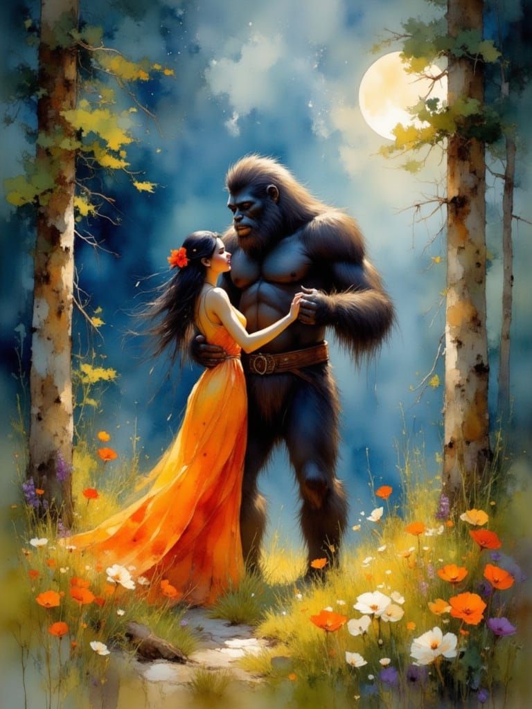 Bigfoot Dances with Woman in Moonlit Meadow
