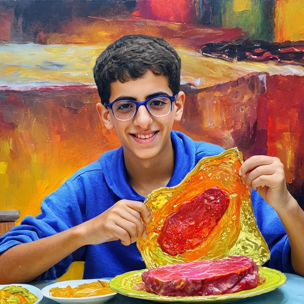 Person Enjoying Meat: Fauvist Oil Painting in Triadic Colors