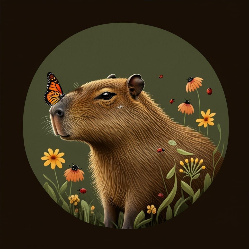 Capybara with Butterfly in Whimsical Folk Art Style