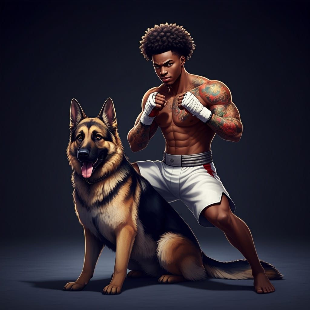 Anime Warrior with Japanese Tattoos and German Shepherd