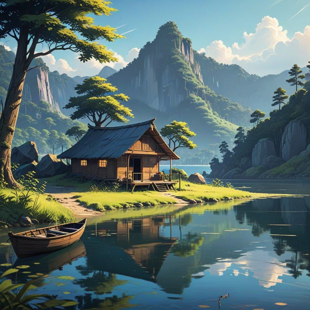 Serene Lake Scene with Fisherman in the Distance